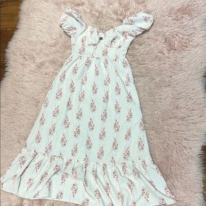White Floral Puff Sleeve Midi Dress | Size XS